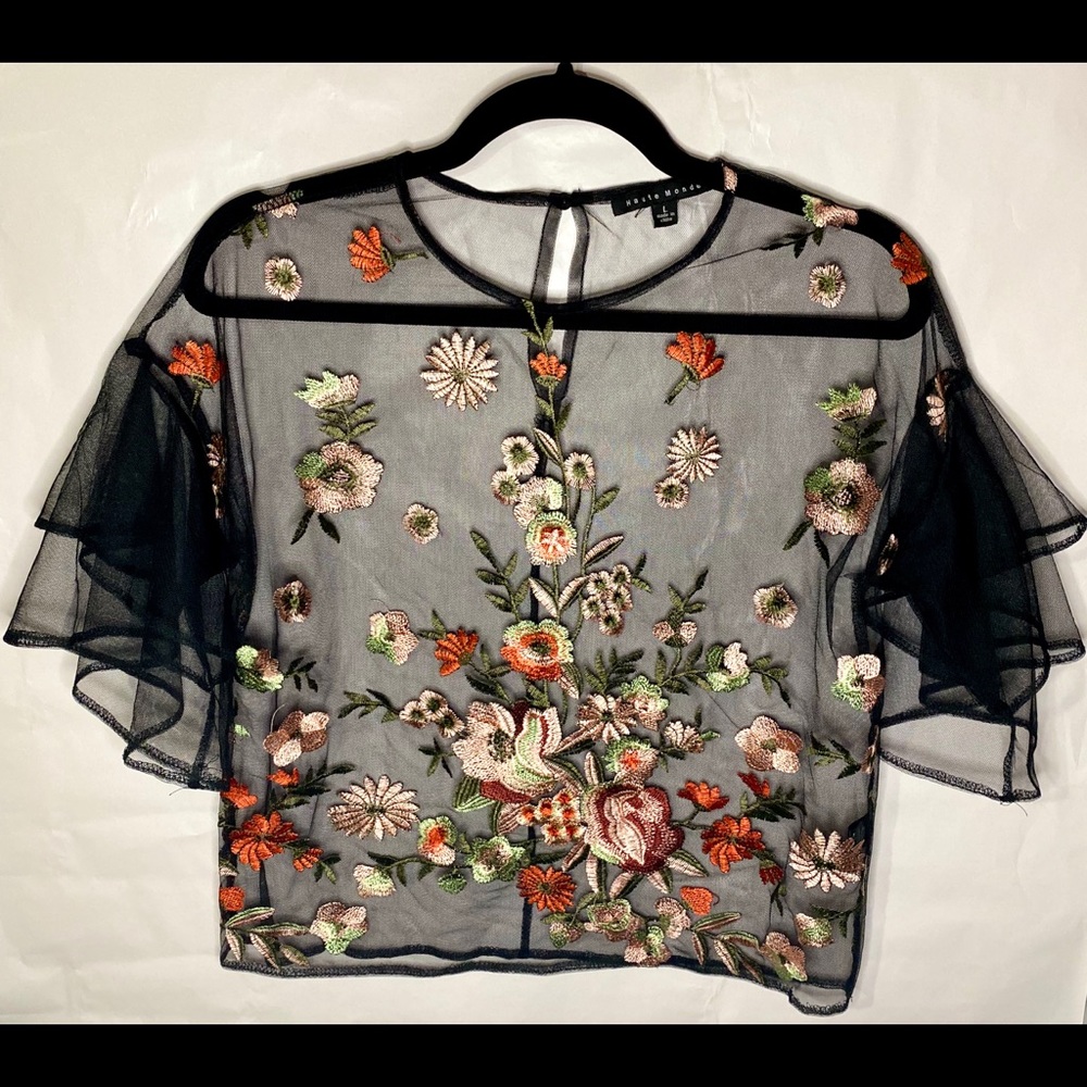 SOLD Mesh Embroidered Top w/ Ruffled Sleeves